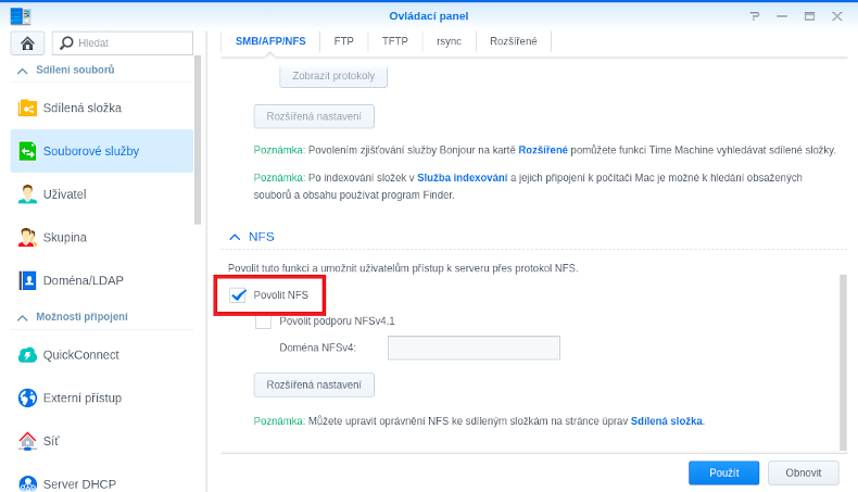 Povolení NFS v Synology