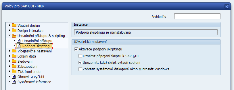 Deaktivování popup oznámení o připojení skriptu k SAP GUI