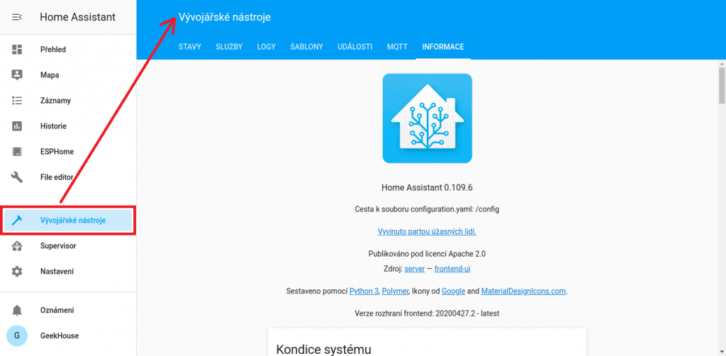 Prostředí Home Assistant -Vývojářské nástroje, karta informace