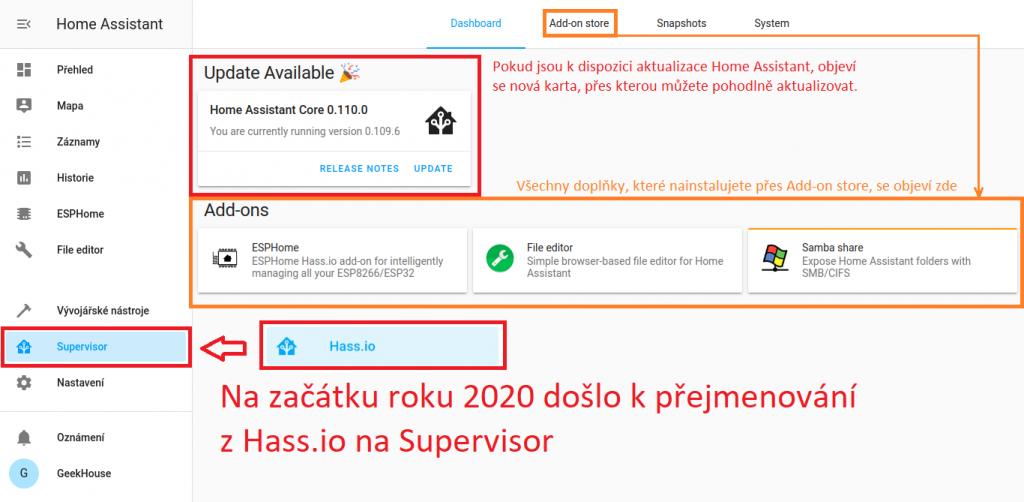 Home Assistant - Supervisor (dříve Hass.io), karta Add-on store