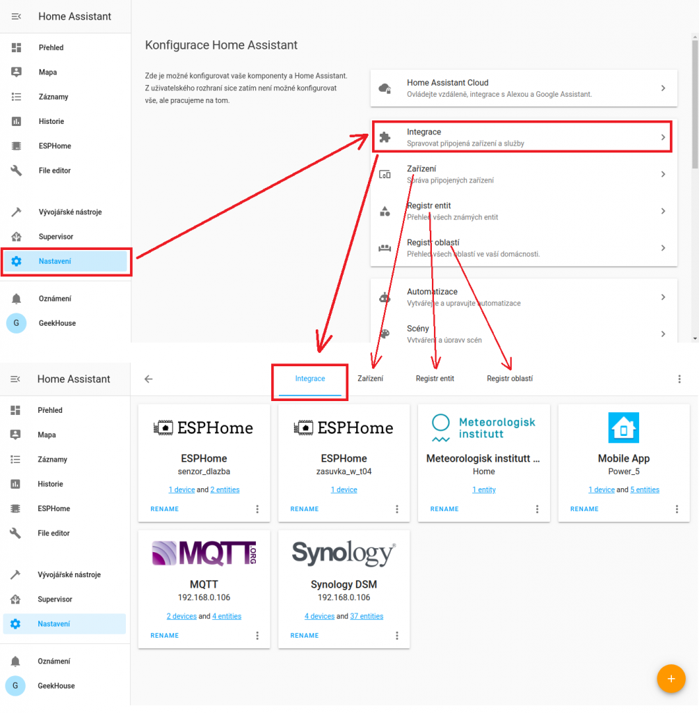 Nastavení Home Assistant - 2 obrazovky spojené do jednoho obrázku