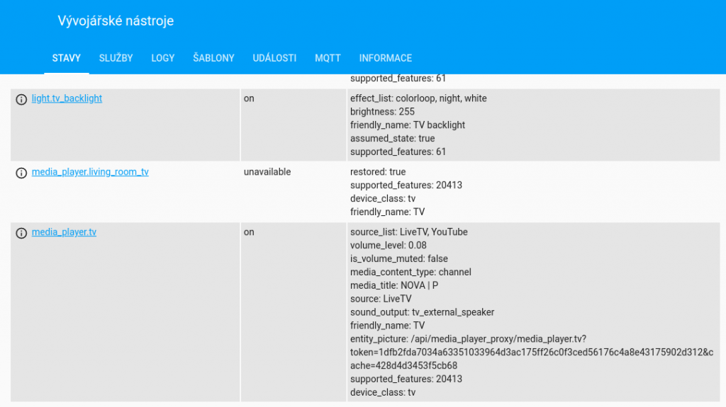 Home Assistant - seznam všech entit a jejich atributů