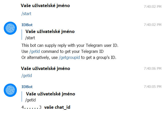 Komunikace s robotem @myidbot a získání chat_id