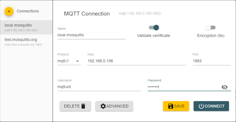 Nastavení aplikace MQTT explorer