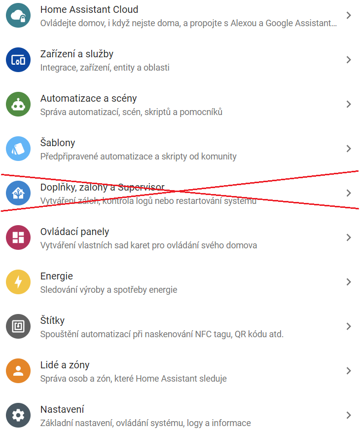 Home Assistant Core - Doplňky, zálohy a Supervisor v menu nenajdete