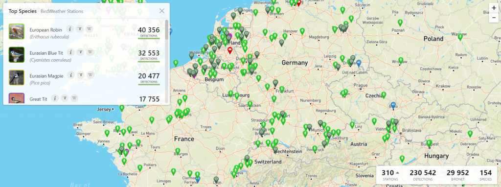 Mapa části Evropy se zvýrazněnými stanicemi BirdWeather