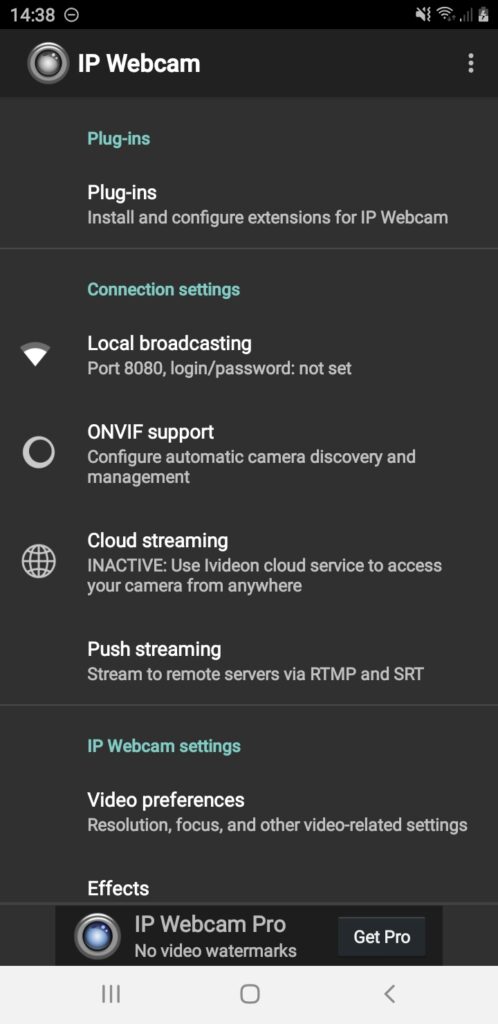 Printscreen obrazovky aplikace IP Webcam