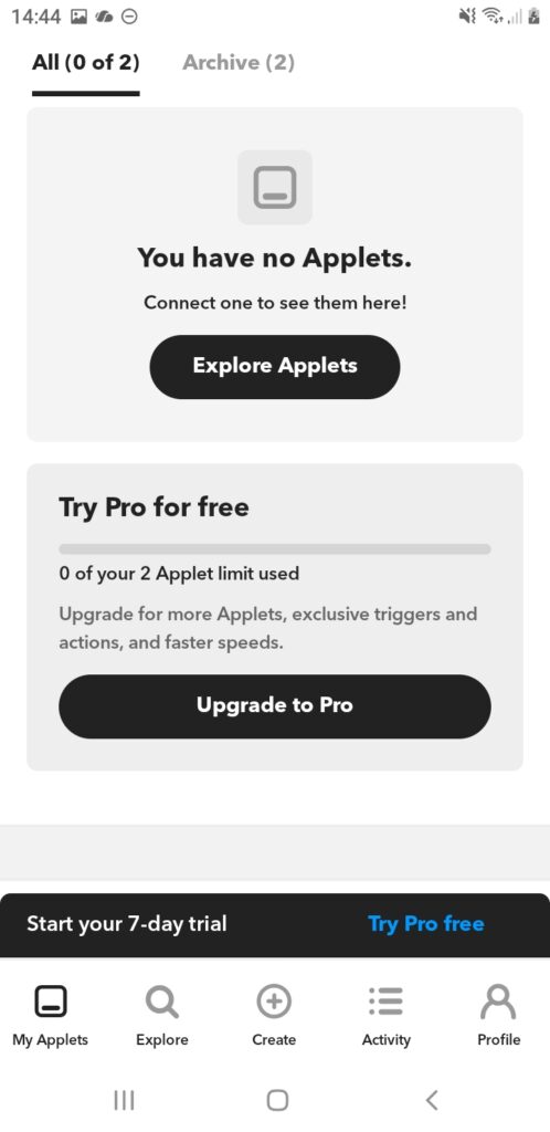Printscreen aplikace IFTTT, zatím bez vytvořeného appletu