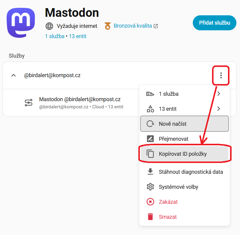 Získání MASTODON_CONFIG_ENTRY_ID v Home Assistant